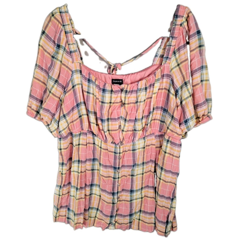 Torrid Babydoll Top Womens 2 2X 18-20 Pink Plaid Puff Sleeve Cottagecore Peasant